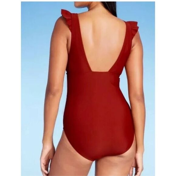 Kona Sol Size M Ruffle Shoulder One Piece Swimsuit Maroon Red Plunge Neck Classy - Picture 2 of 6